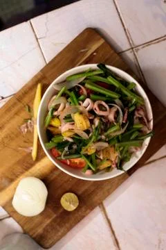 Ring squid fried with vegatable and onion Stock Photos
