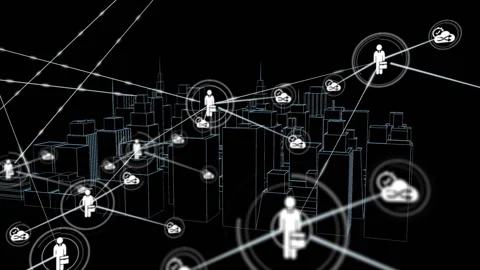 Ringed central node appearing in wireframe city, sending beams to clouds and Video stock 330444275