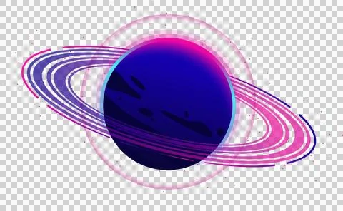 Ringed neon planet is floating in flat design, dual rings and star streaks, Stock Illustration