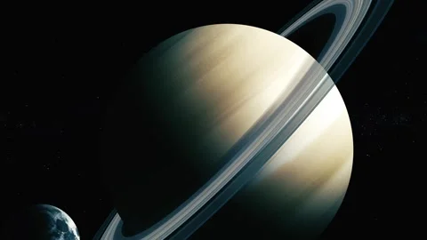 Ringed planet in deep space with a smaller moon and dark starry background. Stock Footage 340388180
