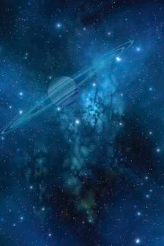 A ringed planet orbits near a beautiful nebula in space. Stock Illustration