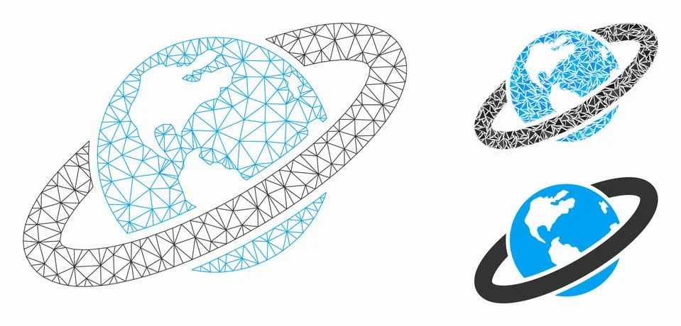 Ringed Planet Vector Mesh Carcass Model and Triangle Mosaic Icon 스톡 일러스트