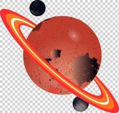 Ringed red planet rotating in flat design, orbiting with two grey moons and Stock Illustration