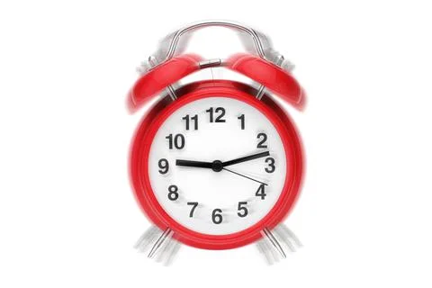 Ringing alarm clock. Red retro alarm clock on white with ringing effect Stock Illustration