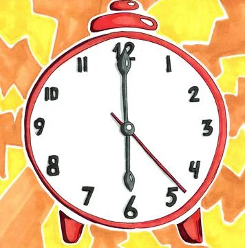 The ringing alarm clock is red on a yellow-orange background. Alarm clock for 6 Stock Illustration