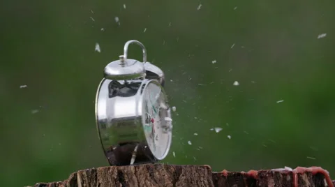 Ringing alarm clock is shot with gun, native slow motion scene Stock Footage 64020107