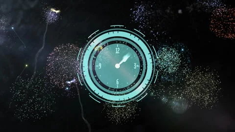 Rings appearing starting timer hand turning fireworks bursting and arc detaching Stock Footage 310729046