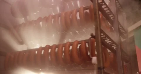 Rings of sausage hanging on a rack surrounded by dense steam in a smoking Vídeo Stock 339983460