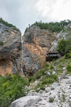 Rinka waterfall with eagles nest in Logar - Logarska valley, Slovenia Stock Photos