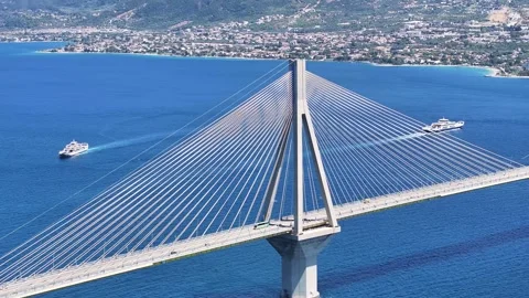 Rio-Antirrio Bridge Ferries Navigating Beneath Suspension Towers Stock Footage 345550851