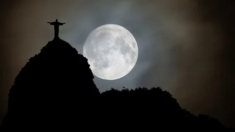 Rio de Janeiro: Christ the Redeemer Landscape with Full Moon, Brazil Stock Footage 102885407