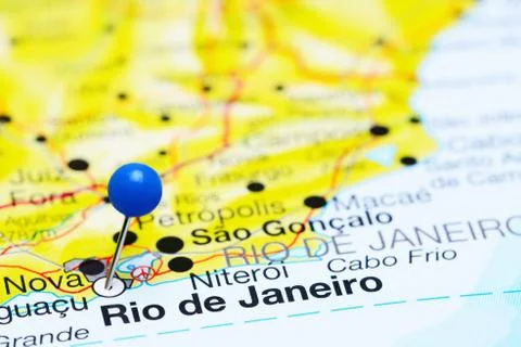 Rio de Janeiro pinned on a map of Brazil Stock Photos
