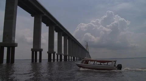 Rio Negro Bridge, links the cities of Manaus and Iranduba in Brazil. Stock Footage 50438481