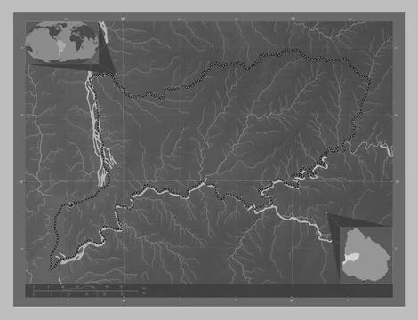 Rio-Negro, Uruguay. Grayscale elevation map with lakes and rivers Illustrazione stock