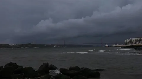 Rio Tejo Dock with coming Storm, Lisbon Portugal Stock Footage 43920865