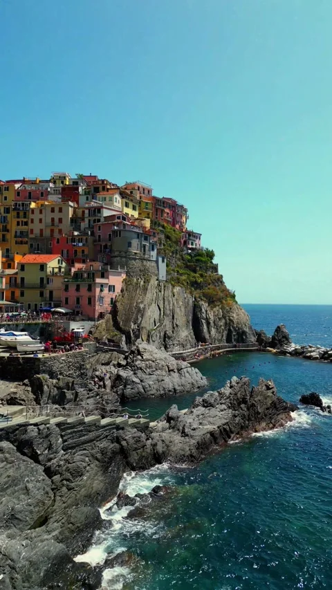 Riomaggiore Cinque Terre Aerial Drone Pan Over Cliffside Village Harbour It.. Stock Footage 329054336