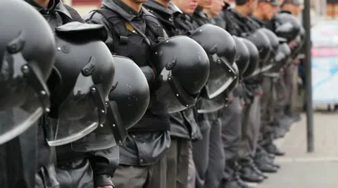 Riot Police with Helmets at an opposition demonstration, Russia Stock Footage