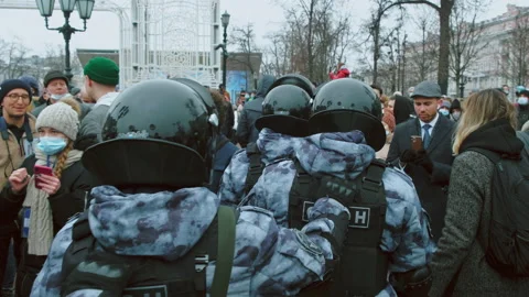 Riot Russian cops Navalny protest. Special force. Policemen. Bulletproof vest. Video stock 147456763