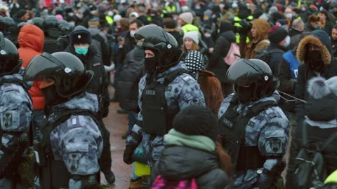 Riot Russian cops Navalny protest. Special force. Policemen. Bulletproof vest. Video stock 147456815