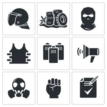 Riots in the street vector icons set Stock Illustration