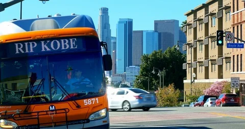 RIP Kobe sign on bus windshield in memory of Kobe Bryant in LA, 4K Stock Footage 124119307