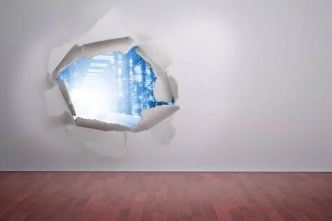 Rip on wall showing server hallway Illustrazione stock