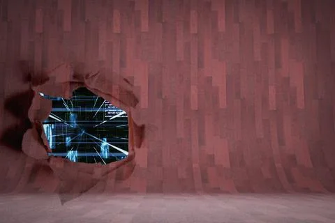 Rip on wall showing technology interface Stock Illustration