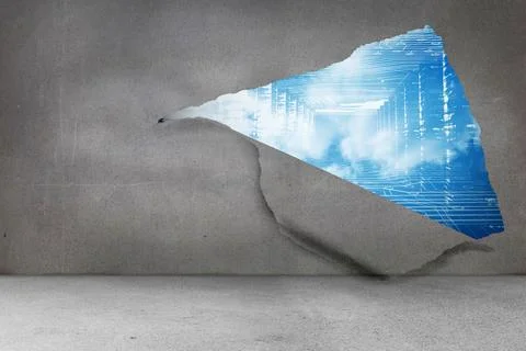 Rip on wall showing technology interface Stock Illustration