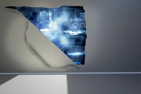 Rip on wall showing technology interface 库存照片