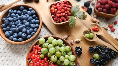 Ripe And Sweet Berries In Bowl On Wooden Table. Healthy Eating. Stock Footage 112980268