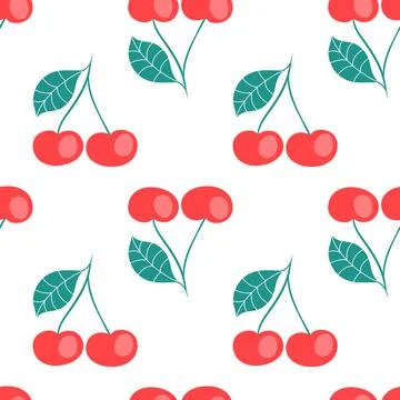 Ripe berry cherry seamless pattern. Pair of red cherries with leaf. Cute vect Stock Illustration