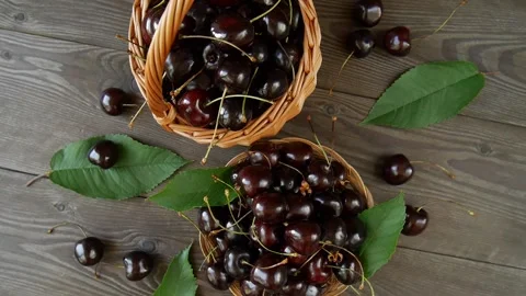 Ripe cherries in the basket. Stock Footage 302707003