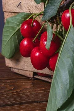 Ripe cherries in a box on the table close up Stock Photos