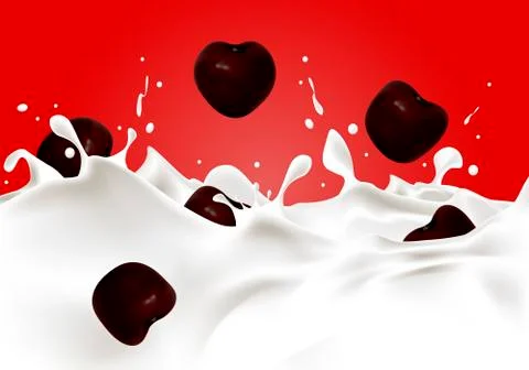 Ripe cherries falling into milk Stock Illustration