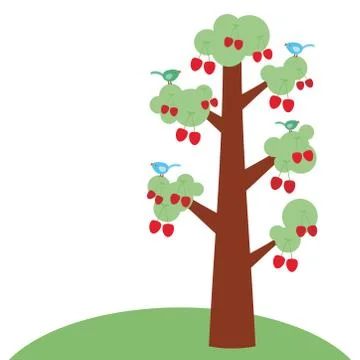 Ripe cherry large tree with a thick trunk, green leaves and ripe fruits, poul Stock Illustration