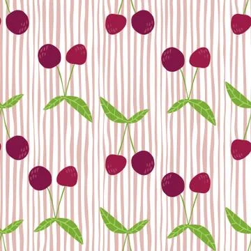 Ripe cherry seamless pattern for fabric design. Red cherries wallpaper on str Illustrazione stock