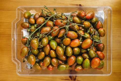 Ripe cherry tomatoes in plastic container with vine Fotos de archivo