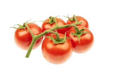 Ripe cherry tomatoes on white background, vibrant red with green stems, natur Stockfoto's
