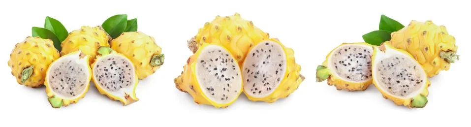 Ripe Dragon fruit, Pitaya or Pitahaya yellow isolated on white background, fruit Stock Photos