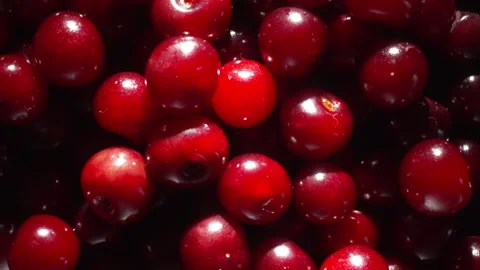 Ripe fresh cherry berries rotation, close-up. Top view. Stock Footage 340067801