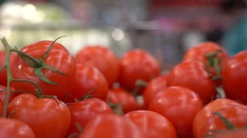 Ripe fresh red tomatoes on a rack in a supermarket Stock Footage 164748434