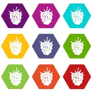 Ripe fresh smiling raspberry icon set color hexahedron Illustrazione stock