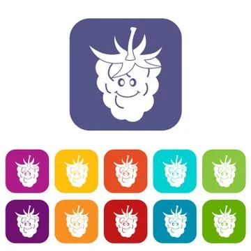Ripe fresh smiling raspberry icons set flat 스톡 일러스트
