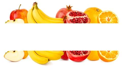 Ripe fruit behind white frame on a white, isolated. Banner Stock Photos