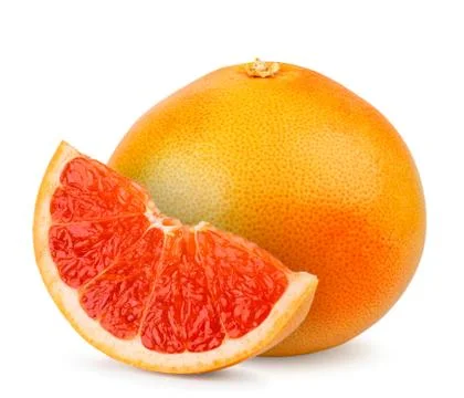 Ripe grapefruit and slice close-up on a white. Isolated. Stock Photos
