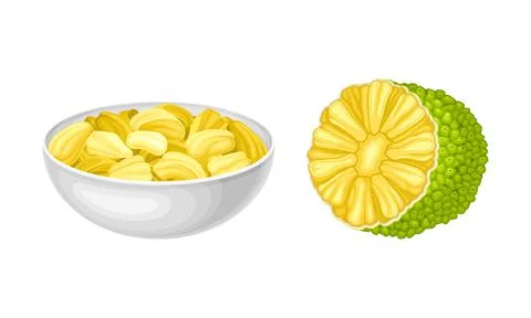 Ripe jackfruit set. Sliced exotic tropical fruit and bowl of juicy pulp vector イラスト素材