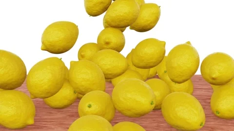 Ripe lemons falling to the wooden table rendered in UHD Stock Footage 265866541