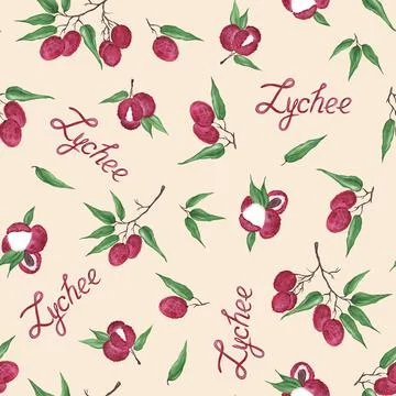 Ripe lychee fruits. Seamless pattern. Tropical fruits on a pink background. R Stock Illustration