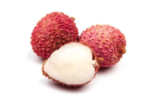 Ripe lychee isolated on white background. Close up Stock Photos