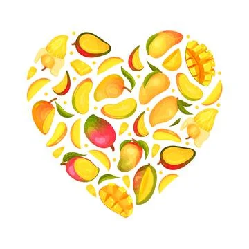 Ripe Mango Heart Shaped Composition Design with Bright Tropical Fruit Vector Ilustración de archivo